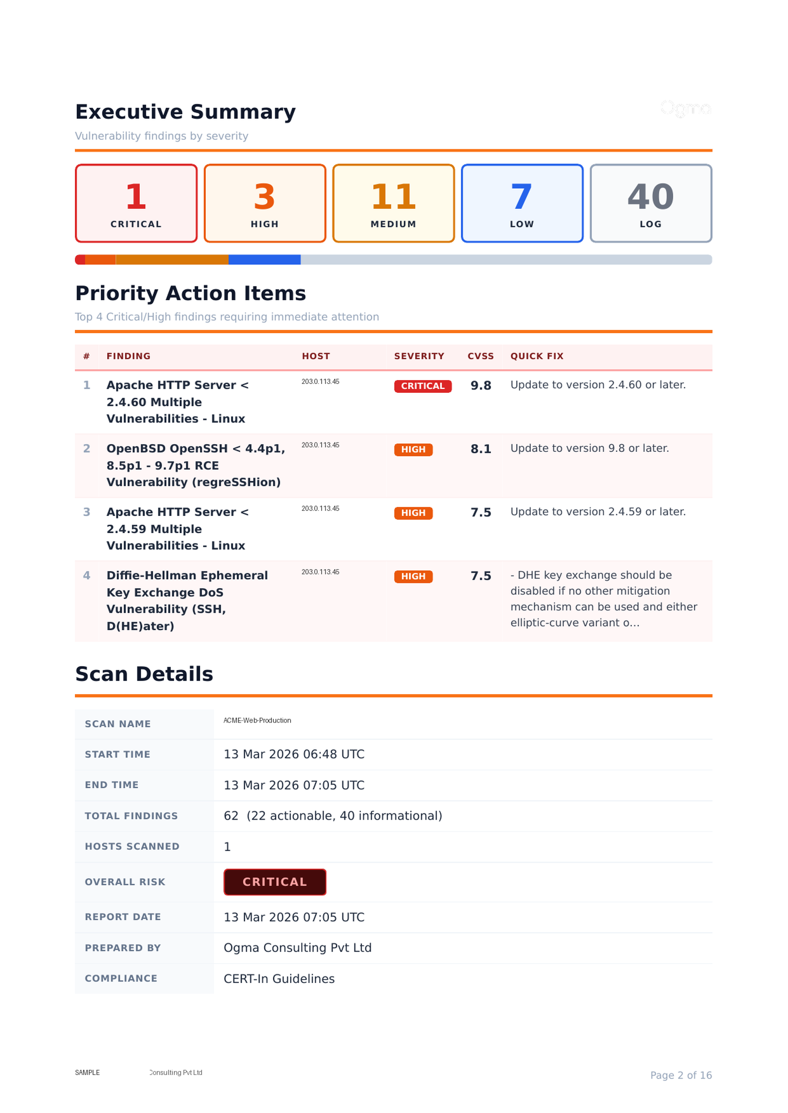 Vulnerability Assessment Executive Summary — severity counts and Priority Action Items table