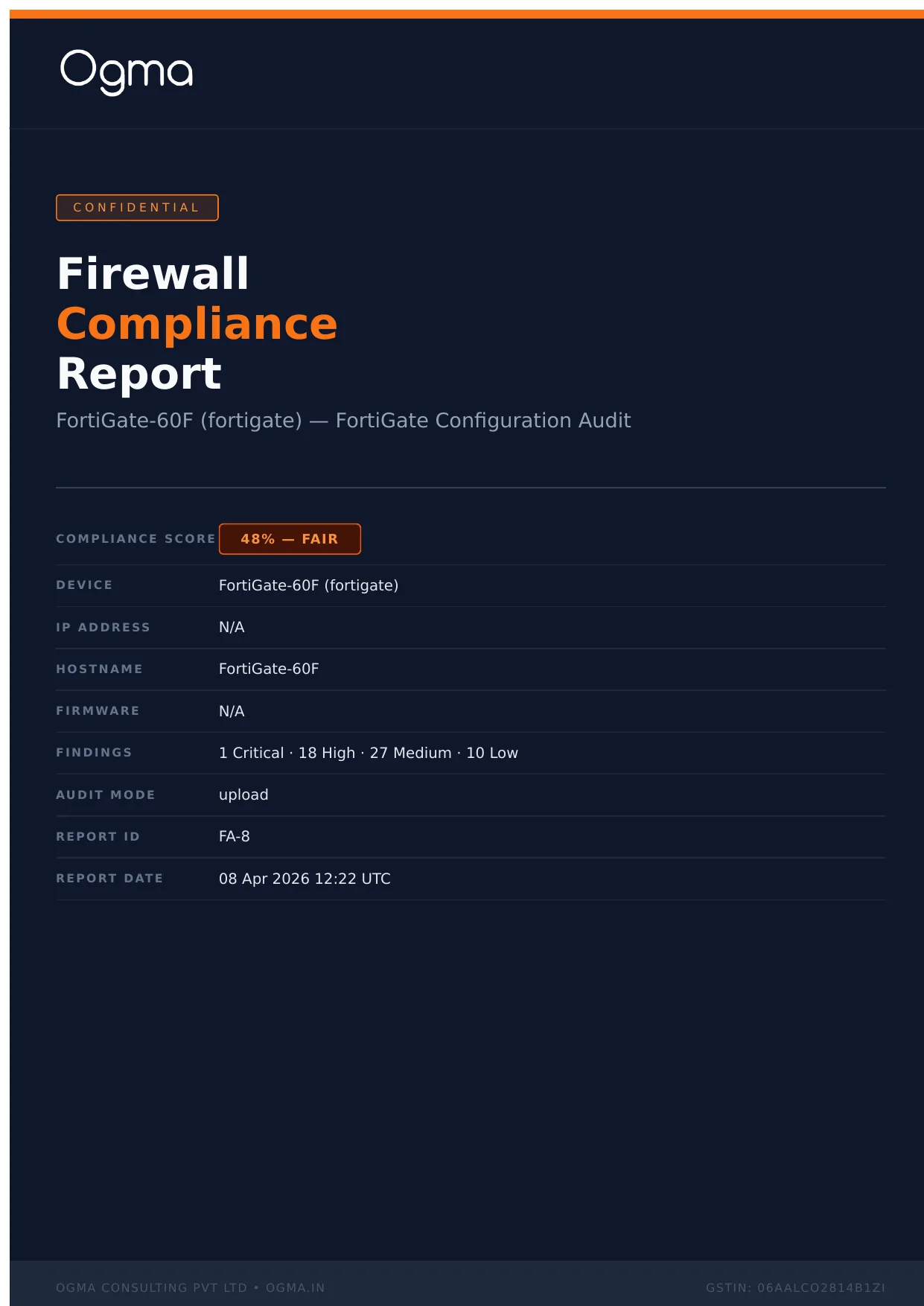 Sample FortiGate compliance report — page 1: Cover · score · finding count