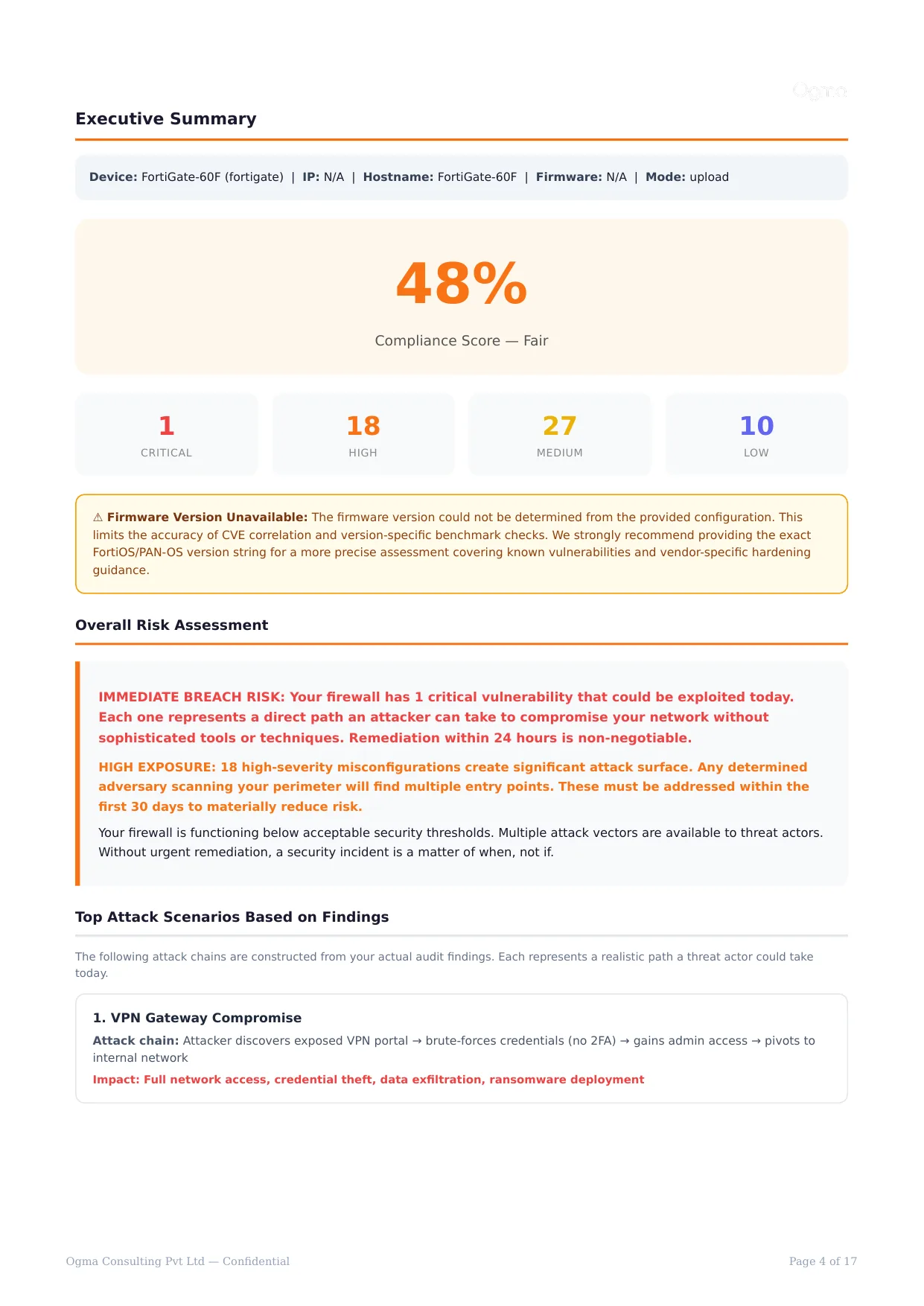Sample FortiGate compliance report — page 4: Executive summary · attack scenarios